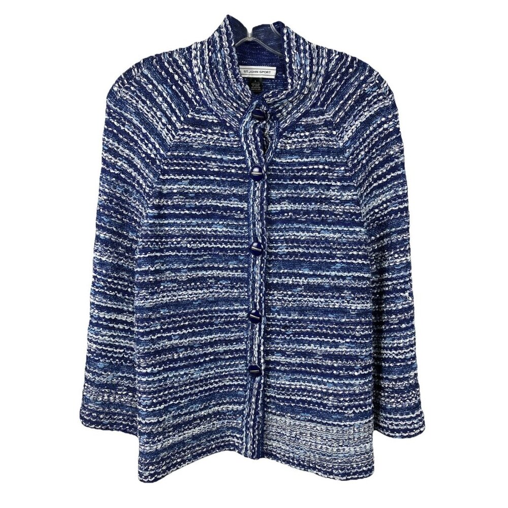 Sz L St John Oceanic Sparkle Tweed Mandarin Collar Jacket Blue